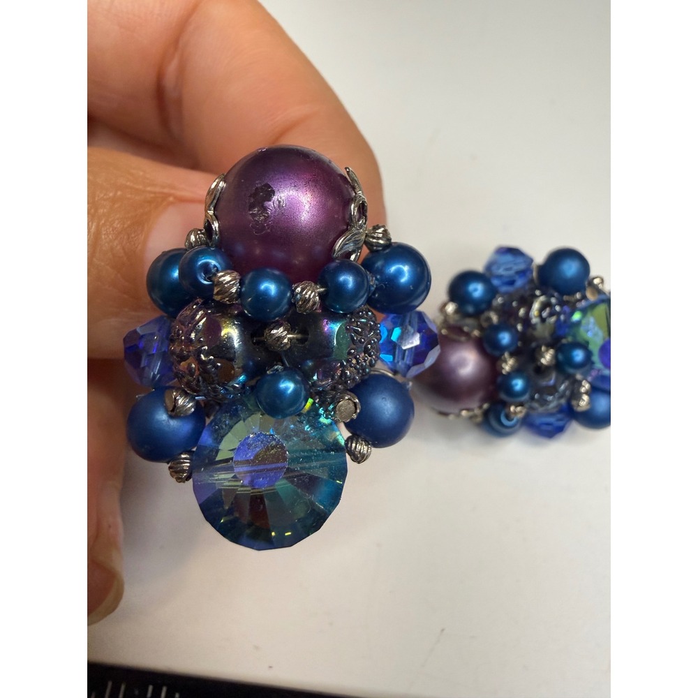 Vendome Blue Purple Crystal Faux Pearl Cluster Clip On Earrings Silver Tone